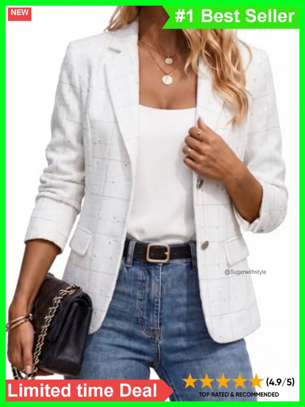Tweed Blazer Jacket Plaid Sequin Long Sleeve Casual Blazer